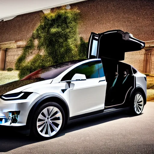 Prompt: full length wide angle photo of a tesla model x as a limousine, advertising photography, hdr 8 k photo
