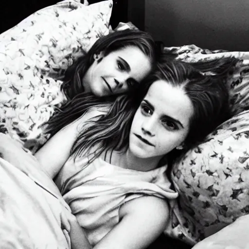 Image similar to emma watson and her friends sleeping in a bunch of cozy beds