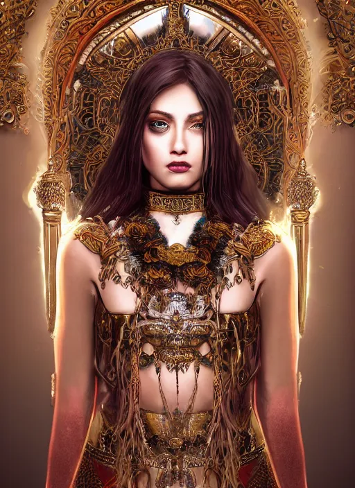 Prompt: beautiful full body concept art, photorealistic symmetrical beautiful face, female priestess with shiny hair wearing full intricate clothing standing in a slimy temple, godray, intricate lighting, micro detail, cg society