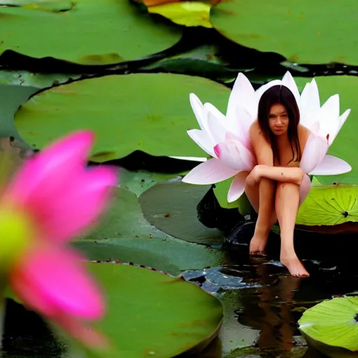 Prompt: macro of beautiful nymph sitting in a lotus flower