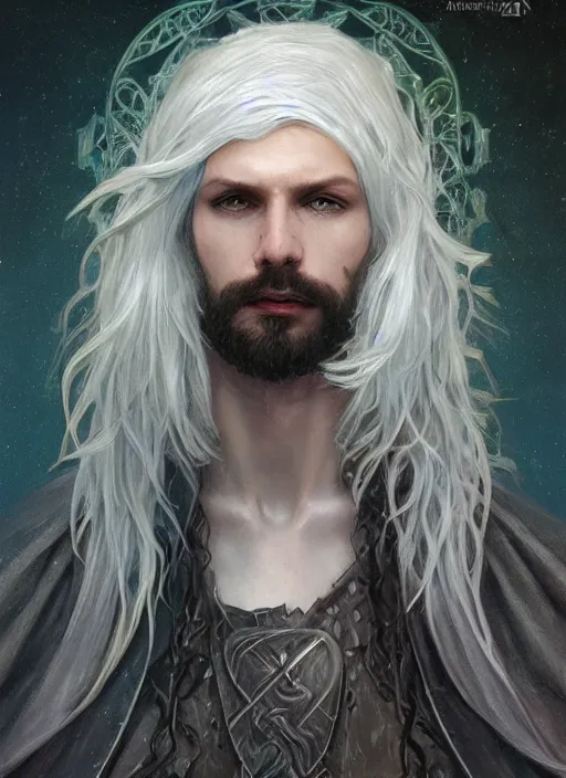 Image similar to Portrait of hexblade warlock aasimar, white glowing eyes, silver shaggy hair, short scruffy beard, cloak, teal ethereal tendril wings, male, fantasy, extremely detailed, digital painting, artstation, concept art, smooth, sharp focus, illustration, stunning lighting, art by artgerm and greg rutkowski and alphonse mucha and simon stalenhag, realistic character concept, high fantasy, light atmosphere, golden ratio, cinematic lighting, hyperdetailed, high resolution, insanely detailed and intricate, artstation, Marc Simonetti, Greg Rutkowski