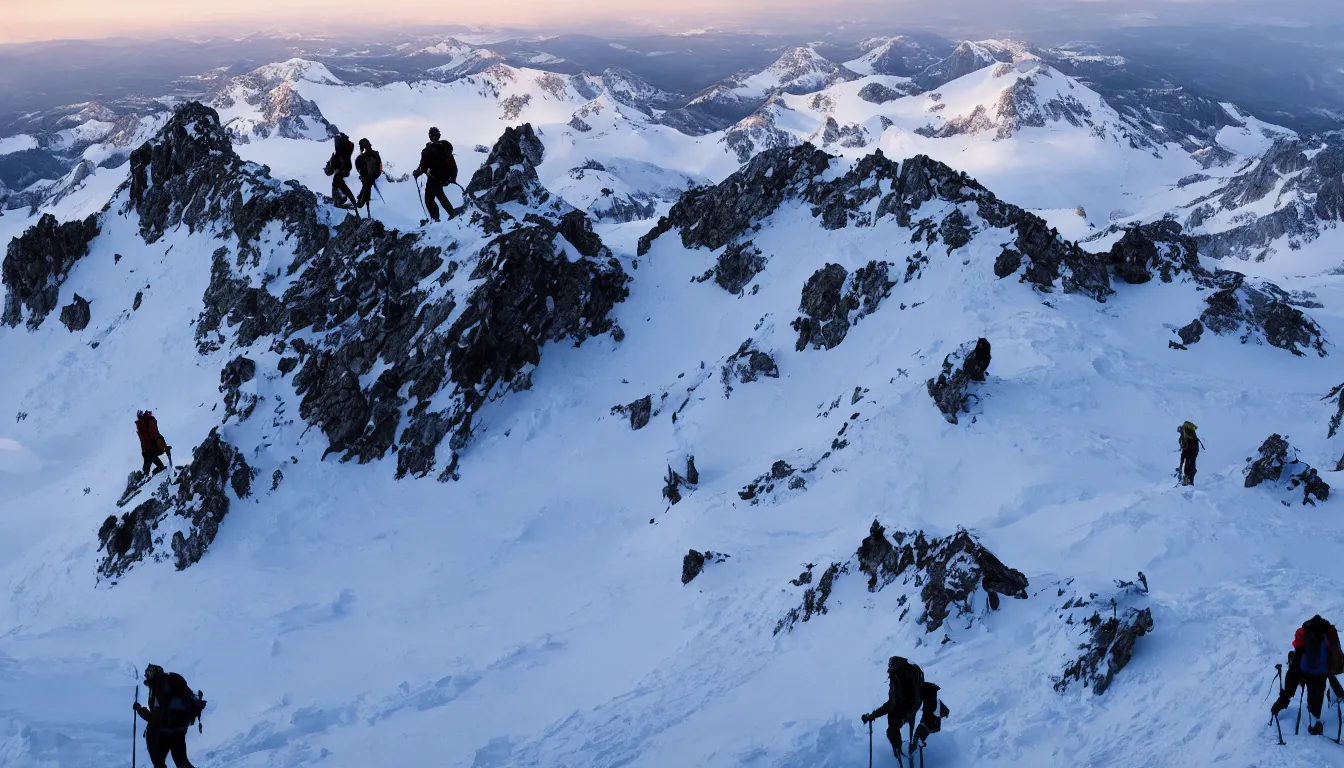 Prompt: mountaineers hiking, view from above, kilian eng, silhouettes