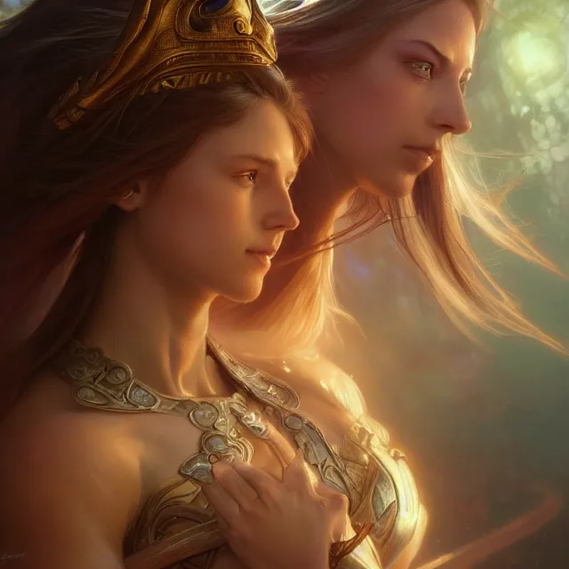 Image similar to close up portrait of a beautiful fantasy female warrior, shiny skin, glowing hair, subsurface scattering, artistic, magical glowing background with light rays, fantasy atmosphere. art by artgerm, greg rutkowski and alphonse mucha, highly detailed, intricate, lifelike. sci - fi, fantasy, magical, octane render,