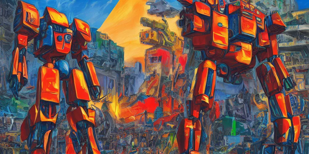 Image similar to colourful - damaged - giant mecha ROBOT of AJEGUNLE SLUMS in Lagos, markings on robot, Golden Hour, in the style Alex ross,