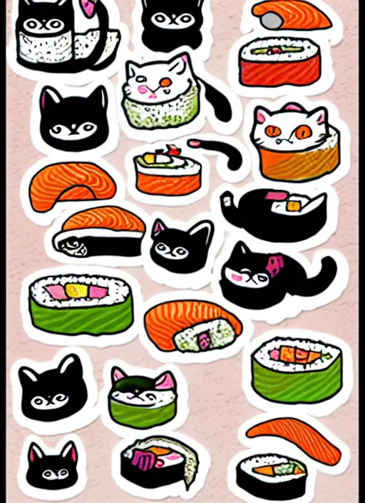Prompt: sushi cats sticker sheet