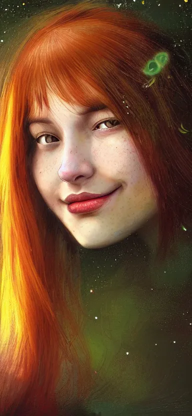 Image similar to infp young woman, smiling, amazed by golden fireflies lights, sitting in the midst of nature fully covered, long loose red hair, intricate linework, green eyes, small nose with freckles, oval shape face, realistic, expressive emotions, dramatic lights, spiritual scene, hyper realistic ultrafine art by cecco del caravaggio and albert bierstadt and artgerm