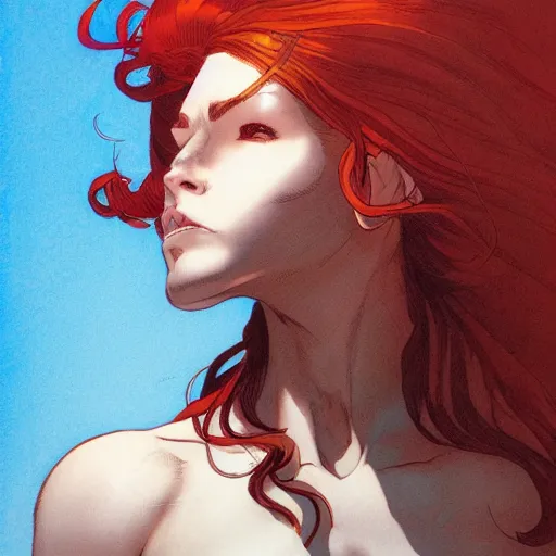 Prompt: a beautiful comic book illustration of a red-headed woman with white shirt by Jerome Opeña, featured on artstation