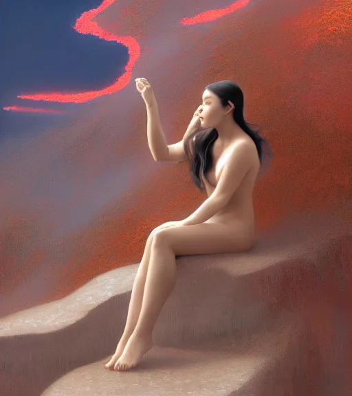 Image similar to close-up Lalisa Manobal bathing on Diamond Head volcano, thermal lava flowing down dark travertine terraces, intricate, elegant, luxurious, digital painting, concept art, smooth, sharp focus, from Star Trek 2021, illustration, by WLOP and Ruan Jia and Mandy Jurgens and William-Adolphe Bouguereau, Artgerm