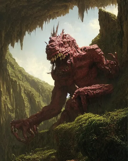 Prompt: a giant troll, detailed. Realistic painting by Thomas Cole and Wayne Barlowe, Greg Rutkowski