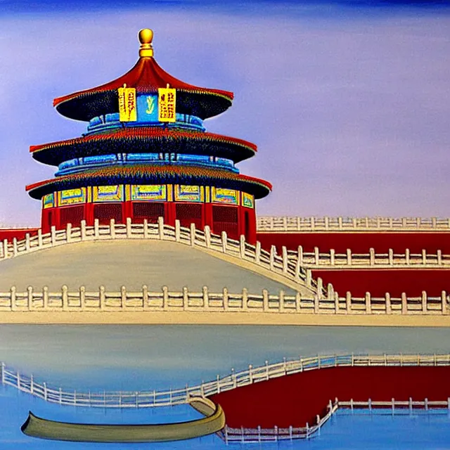 Image similar to a beautiful painting cyberpunk beijing imperial palace, temple of heaven, great wall, by salvador dali realistic oil painting