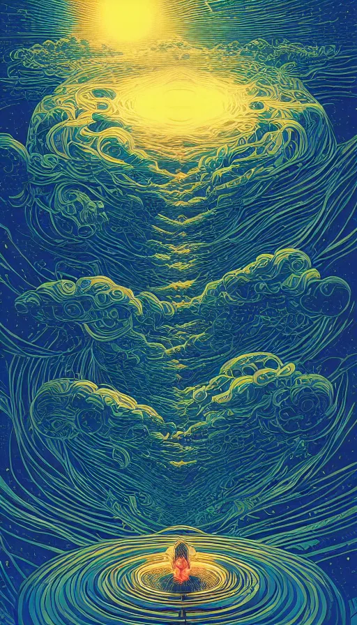 Image similar to the oracle of psychedelic bibliophiles on cosmic cloudscape, futurism, dan mumford, victo ngai, kilian eng, da vinci, josan gonzalez