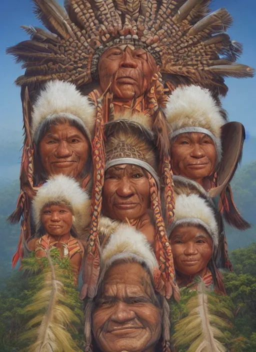 Image similar to faces of indigenous amazonian grandfathers and grandmothers spirits in the clouds, smiling, benevolence, ancestors, detailed faces, art by christophe vacher