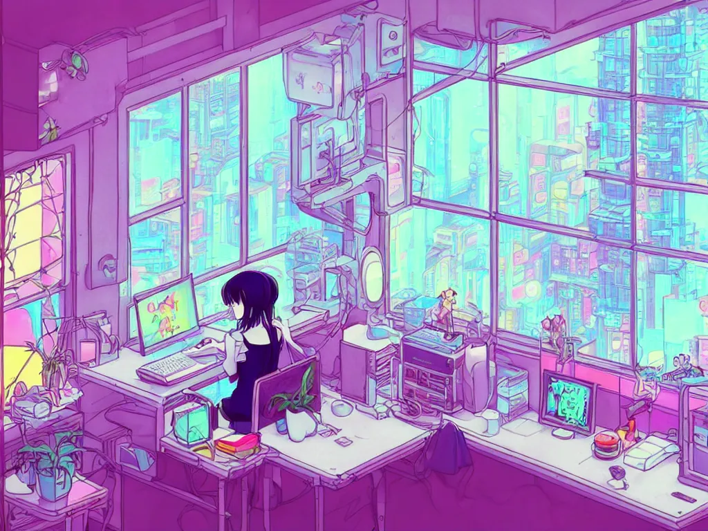 Image similar to beautiful drawing of a female in her small apartment sitting at her computer desk which is in front of a window which looks out to the neon cyber city, style vaporware cartoon japan, low - fi, pet cat, chillout scene, kawaii anime manga style, illustration, aesthetic, neon pastel, in the style of bryce kho and hayao miyazaki and ghibli