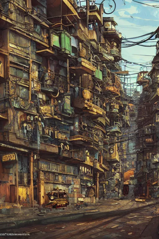 Prompt: a industrial STEAMPUNK CITY Street scenery in the FAVELAS, signs, billboards and cable Connecting MULTI LVL BUILDINGS, rendered in the style of tekkon kinkreet, by Beeple, Makoto Shinkai, syd meade, environment concept, digital art, starwars, unreal engine, 3 point perspective, WLOP, trending on artstation, low level, 4K UHD image, octane render,