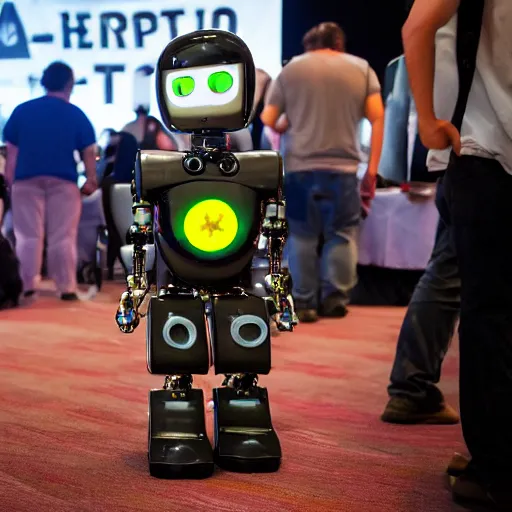 Prompt: LOS ANGELES, CA July 7 2025: Happy Open-Source Transhumanist Cyborg Robot Convention, Cute Robot Best in show awards for cybernetic being