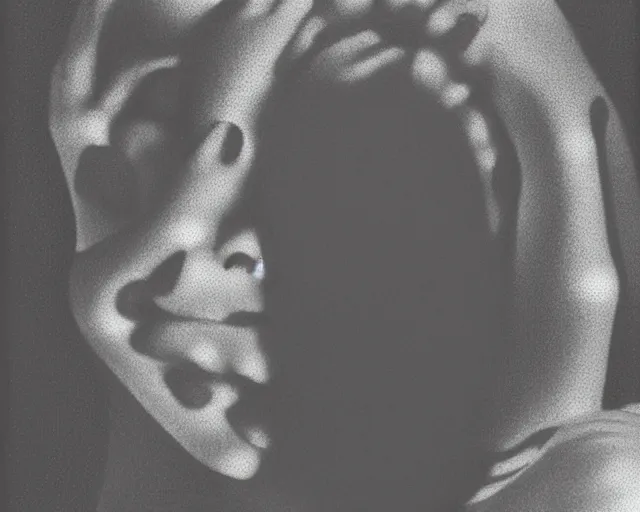 Image similar to a black and white photo of a woman's face surrounded by balls, an ambient occlusion render by Dora Maar, zbrush central, pointillism, ambrotype, marble sculpture, germaine krull,movie still, grotesque