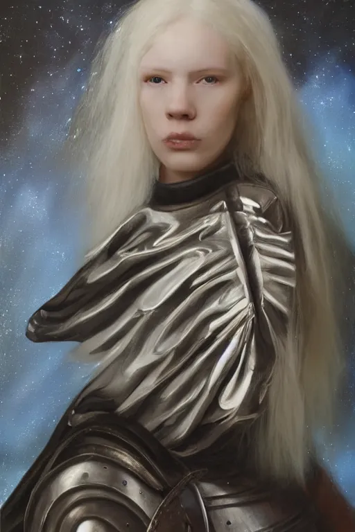 Image similar to hyperrealism oil painting, close - up portrait of albino medieval fashion model, knight, steel gradient mixed with nebula sky, in style of baroque