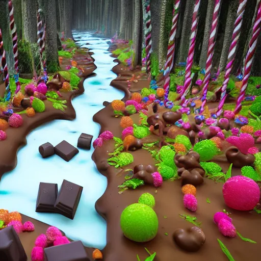 Prompt: A forest of lolipops, chocolate river running, a chocolate fondant in the background, digital art, trending on artstation and unreal engine