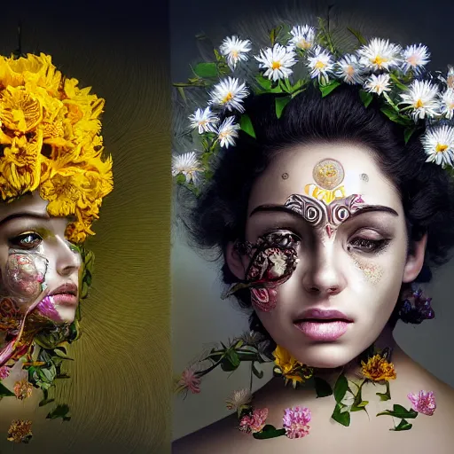 Prompt: a beautiful intricate fine art portrait photo of an indian cyborg with bionic implants on the face, epic curly hair spread out around her lined with beautiful yellow hibiscus, lying on a bed of daisies, by natalie shau and james christensen, masterpiece!, top view, studio lighting, golden ratio composition, 5 0 mm lens, deep depth of field, artstation, 8 k
