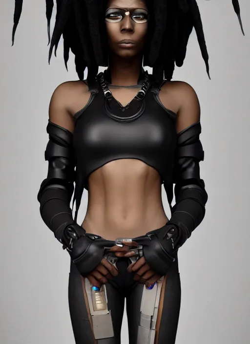 Prompt: a full body portrait of a beautiful black cyberpunk girl with dreadlocks wearing a cybepunk mask by vitaly bulgarov, artstation, cyberpunk, symmetric portrait, sci - fi, vray render, unreal engine, hyperrealism, photorealism