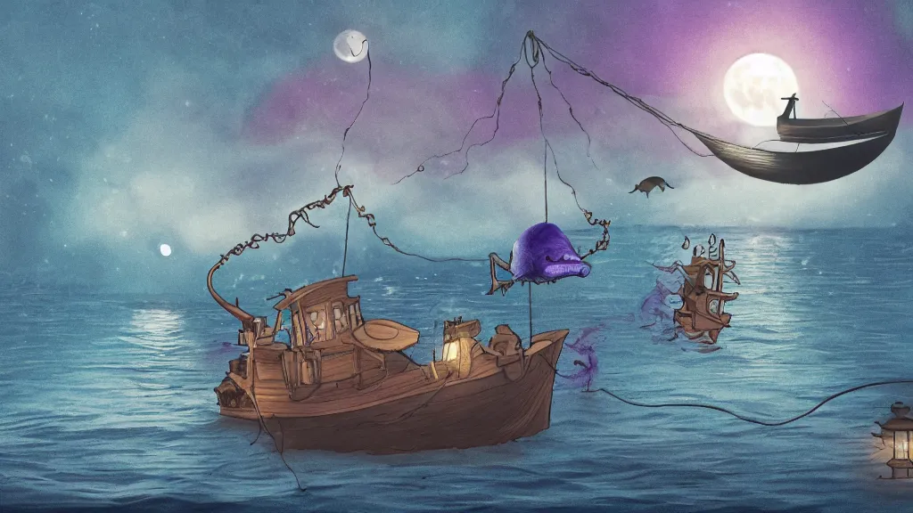 Prompt: a giant anglerfish at the surface of the water meets a sailor with a lantern on a sloop, background with large full moon and purple sky, intricate, accurate details