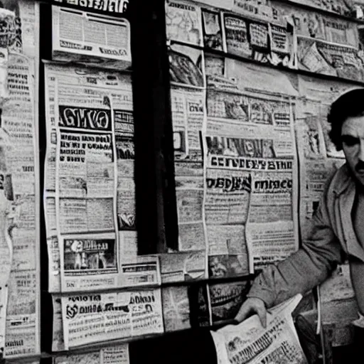 Prompt: A still from a 1970s Martin Scorsese film of a man looking up at a wall filled with newspaper clippings of obituaries