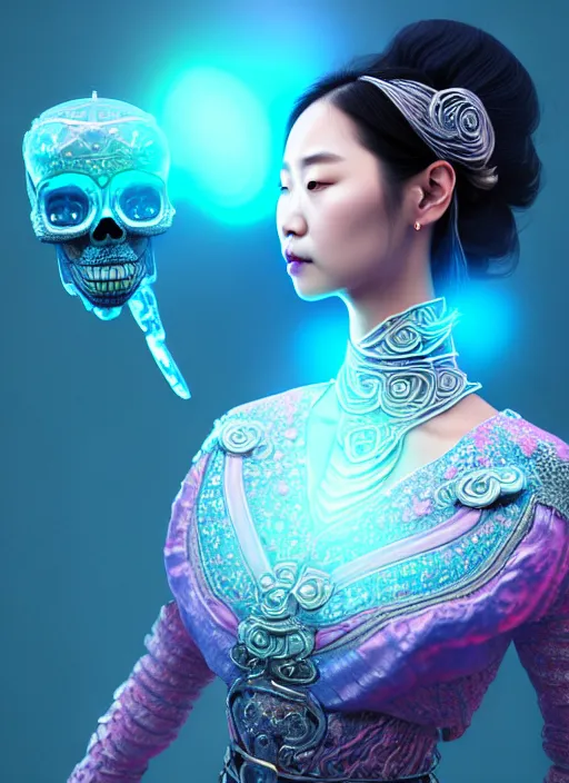 Image similar to 3 d goddess waist shot portrait. beautiful intricate highly detailed korean dokkaebi skull and traditional korean hanbok. elegant stingray, magpie, iridescent, plasma, lava, ice, water, wind, creature, volumetric lighting, twilight forest background, artwork by tooth wu and wlop and beeple and greg rutkowski, 8 k trending on artstation,