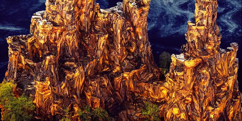 Image similar to ornate obsidian castle on high cliffs with rivers and waterfalls of glowing melted gold. by tom bagshw and by ralph bakshin. power and beauity.