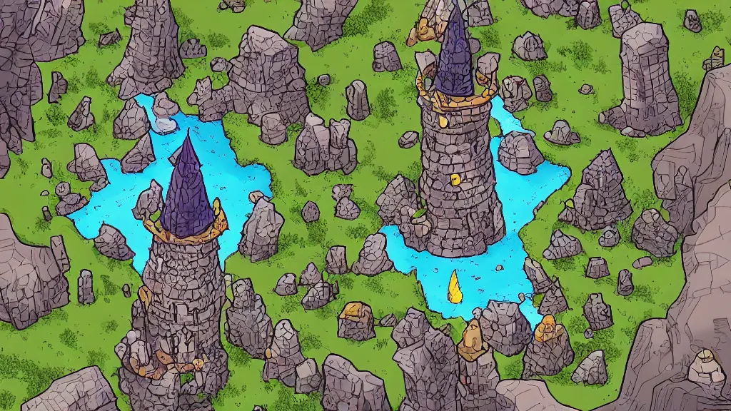 Image similar to Aerial view of a wizard tower surrounded by different kinds of gem mines and ominous caves, lineart, colored