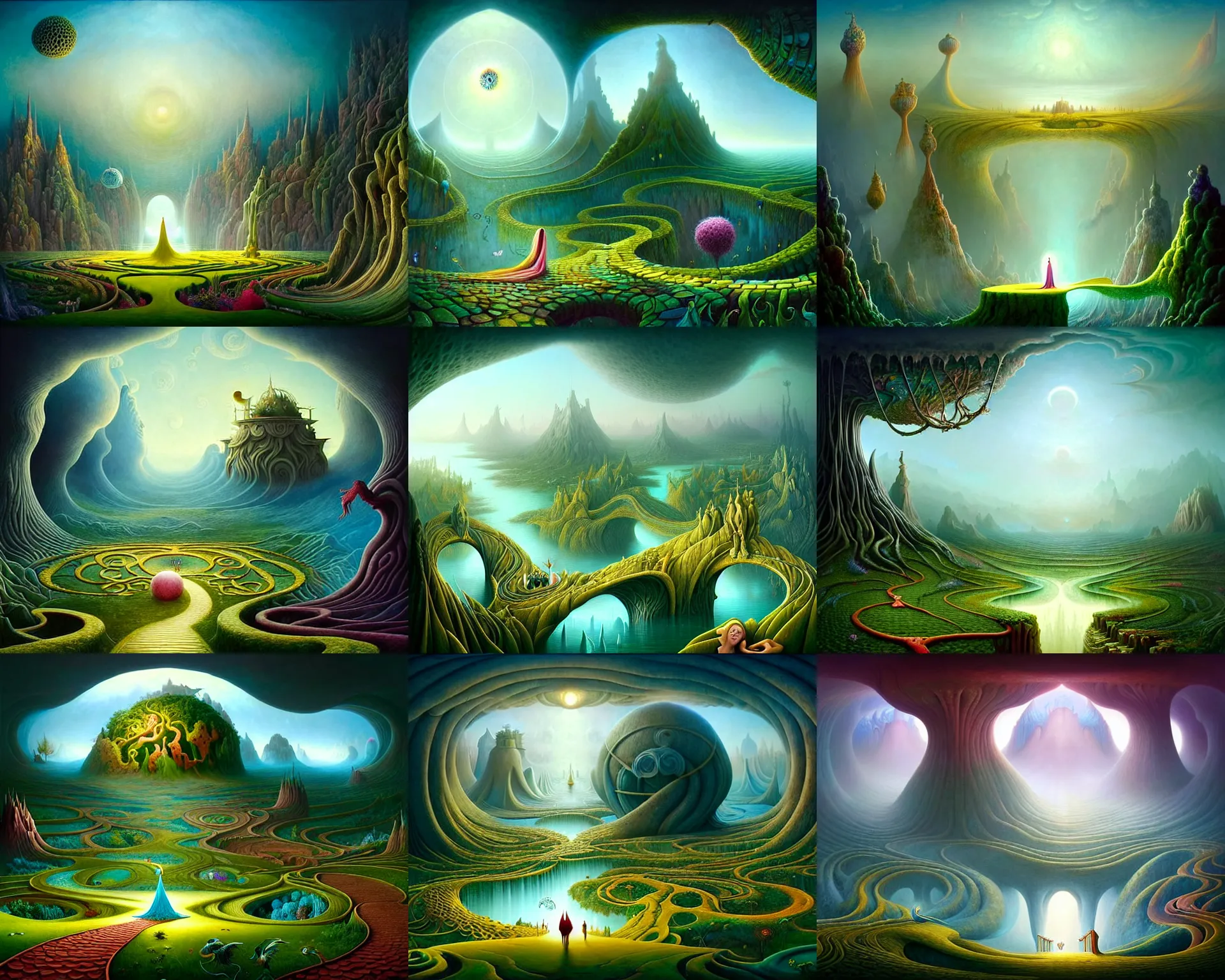 Prompt: a beguiling epic stunning beautiful and insanely detailed matte painting of an impossible winding path through enchanted dream worlds with mega structures inspired by Heironymous Bosch's Garden of Earthly Delights, vast surreal landscape and horizon by Cyril Rolando and Natalie Shau and Beksinski, masterpiece!!!, grand!, imaginative!!!, whimsical!!, epic scale, intricate details, sense of awe, elite, wonder, insanely complex, masterful composition!!!, sharp focus, fantasy realism, dramatic lighting