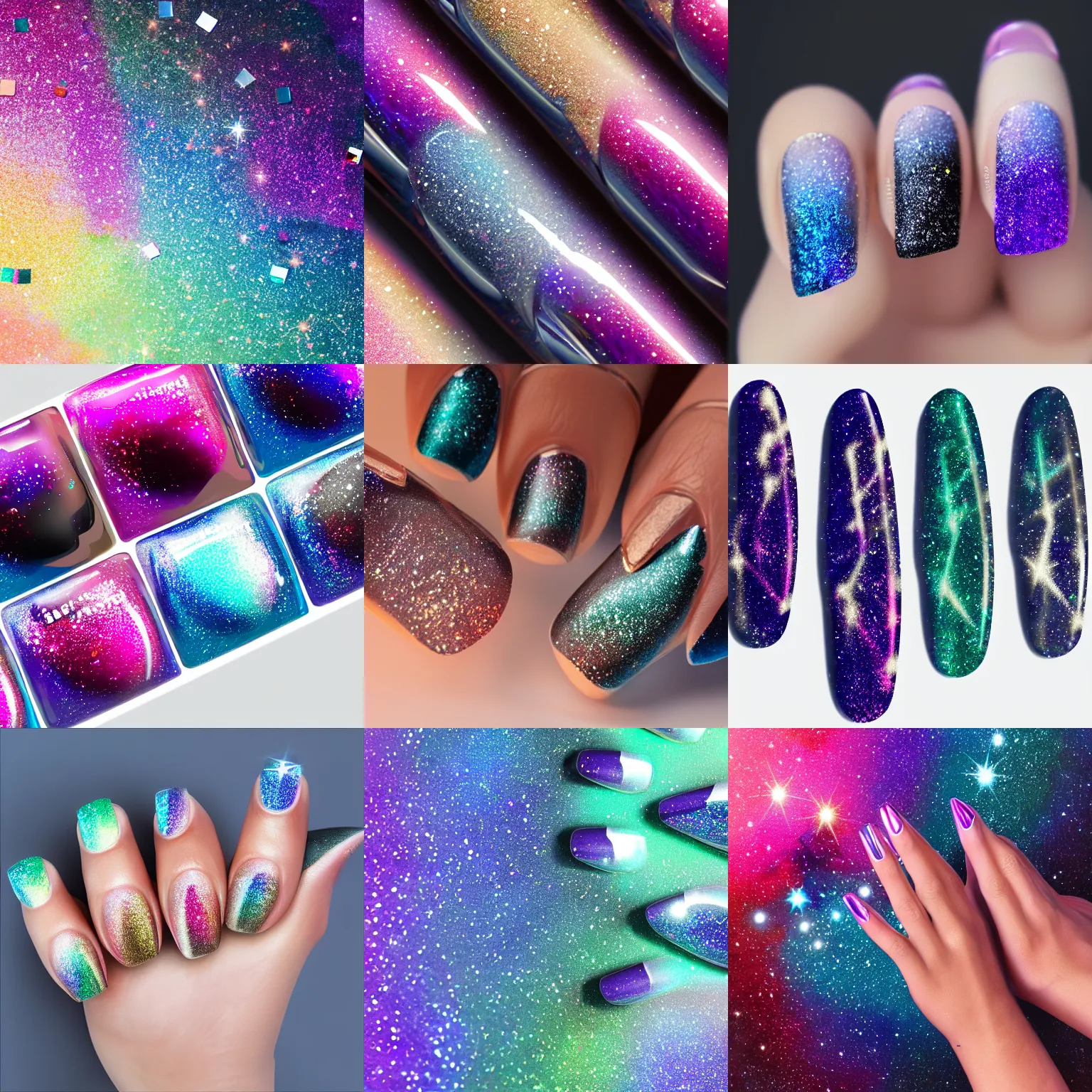 Prompt: galaxy nail polish swatches, sparkling, glitter, photorealistic, 3 d art, octane render, vray tracing, commercial, 8 k