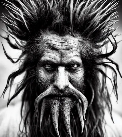 Prompt: Award winning Editorial photograph of Early-medieval Scandinavian Folk monsters with incredible hair and terrifying hyper-detailed eyes by Lee Jeffries, 85mm ND 4, perfect lighting, wearing traditional garb, With huge sharp jagged Tusks and sharp horns, gelatin silver process