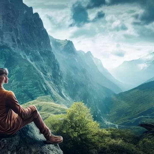 Prompt: a man sitting on top of a beautiful mountain, fantasy landscape, stunning detail, ominous energy in front of him, back shot angle