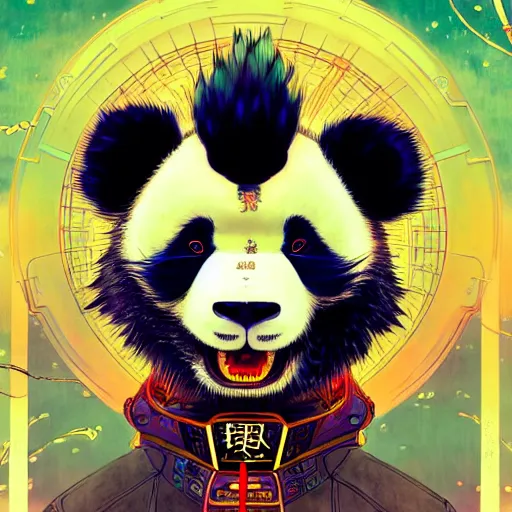 Image similar to a beautiful hyperdetailed character design 4 k wallpaper illustration of a cute panda with a chinese lion dance head victo ngai cyberpunk style, from china, style of studio ghibli, makoto shinkai, raphael lacoste, louis comfort tiffany, artgerm, james jean, ross tran, chinese style