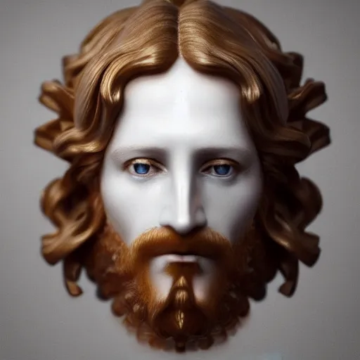 Prompt: beautiful centered fine art photo of jesus christ as a solarpunk robotic humanoid, white mechanical parts with led lights, bouguereau style pose, photorealistic, white background, highly detailed and intricate, soft box lighting, hdr 8 k