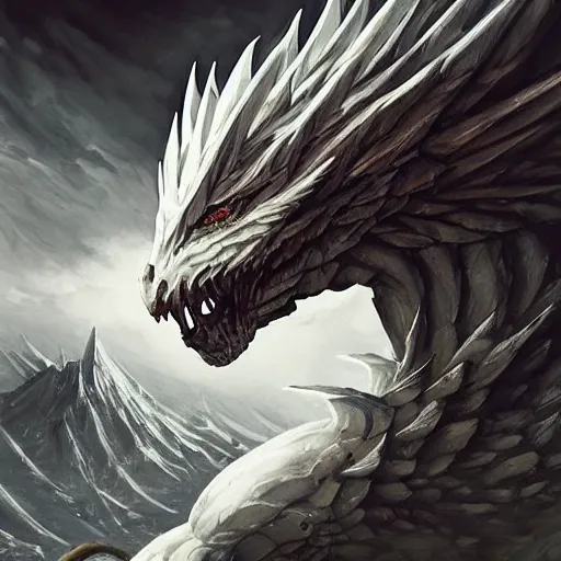 Prompt: adult white dragon head, muscular, massive wings, close up, greg rutkowski, drark, marvel comics, dark, plutus su, chris scalf, lucas graciano, billy christian, symmetrical, snowy mountains, small city, grey and gold color palette, painting, d & d, fantasy, storm clouds