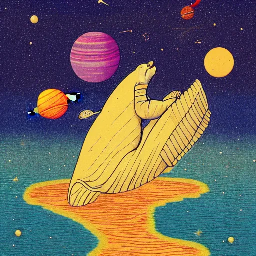 Prompt: a whale floating through space with stars and planets, diffused light, retro, golden ratio, 8 k in style of ivan bilibin,