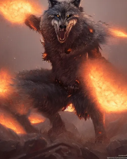 Image similar to oil painting of Angry Anthropomorphized Wolf Berserker, wearing fur armor, claws, sharp focus, attack pose, fantasy style, octane render, volumetric lighting, 8k high definition, by greg rutkowski, highly detailed, trending on art Station, magic the gathering artwork, burning Battlefield background, centered