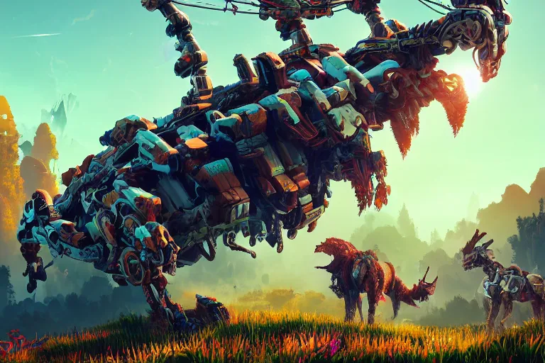 Image similar to grazer machine mecanical creature robot of horizon forbidden west horizon zero dawn bioluminiscence global illumination ray tracing hdr fanart arstation by ian pesty and alena aenami artworks in 4 k