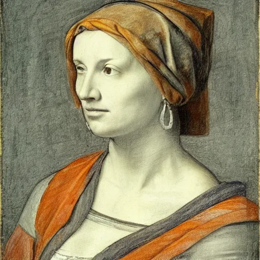 Image similar to portrait drawing of a woman, beautiful, by andrea del sarto, renaissance, harmonius, elegant, shoulder - length, chalk