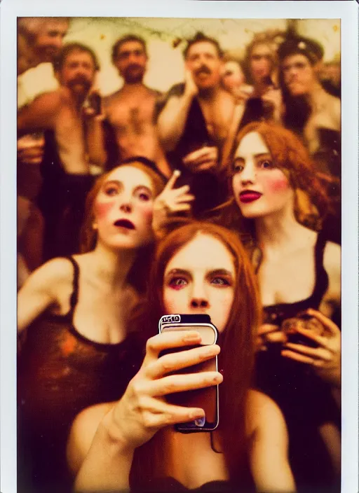 Image similar to polaroid by mucha, selfie, influencer, diaphanous, fashion, octoberfest, render, octane, detailed, award winning photography, masterpiece, of group of people very drunk dancing chaotic and giant like slowmotion nuclear exploding beer bottle in the middle,, dark backround, highly detailed, smooth, sharp focus, intricate,