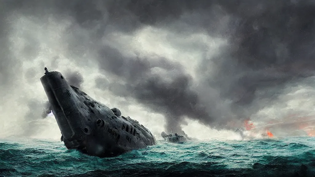 Image similar to soviet submarine destroyed by giant squid, stormy ocean, intricate, detailed, volumetric lighting, sharp focus, scenery, digital painting, highly detailed, concept art, ruan jia, steve mccurry