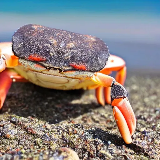 Prompt: A cute smiling crab on the beach, photo