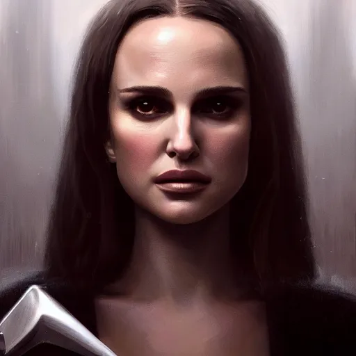 Prompt: closeup portrait of a young natalie portman as a female hitman, leon matilda, dramatic light, gorgeous view, depth, high detail, digital art, painted by greg rutkowski and seb mckinnon, by tim burton, trending on artstation