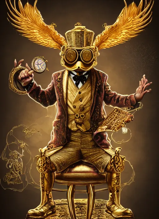 Prompt: athropomorphized rich duck capitalist sitting on pile of gold, wearing steampunk top hat, steampunk goggles, casting spell, concept art, insanely detailed and intricate, hypermaximalist, elegant, ornate, hyper realistic, super detailed, art deco, cinematic, trending on artstation, magic the gathering artwork