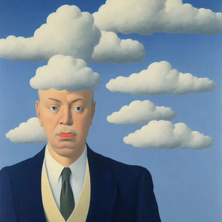 Image similar to portrait of a cloud man by rene magritte, detailed painting, hd, hq, high resolution, high detail, 4 k, 8 k