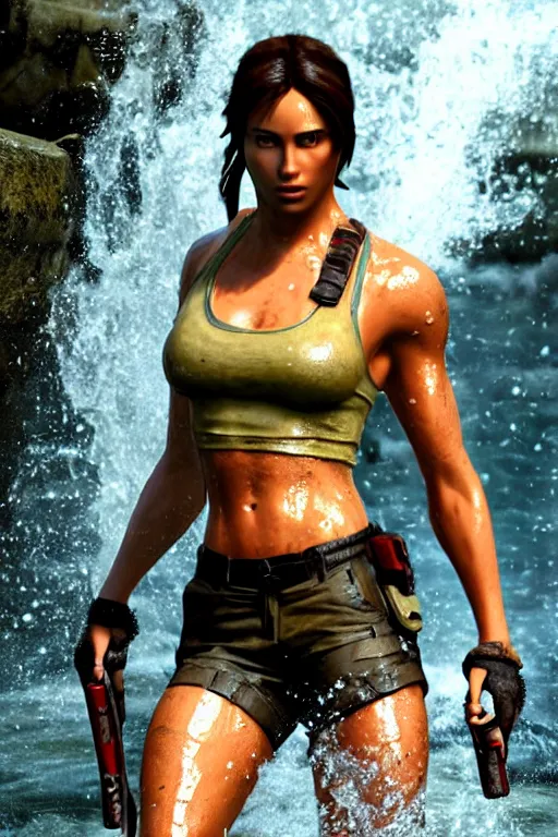 Image similar to a film still of lara croft, close up face detail, muscular, wet body, model photography, wet dripping hair, emerging from the water