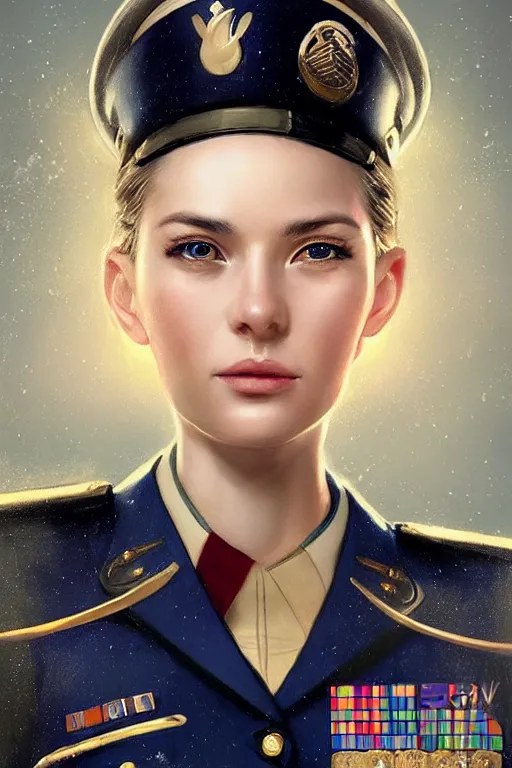 Image similar to beautiful portrait of a female officer wearing a fancy naval uniform, art by wlop and artgerm, science fiction, detailed eyes, blonde hair, space background, trending on artstation, sharp focus, illustration, caustics, octane render, 4 k, radiant light