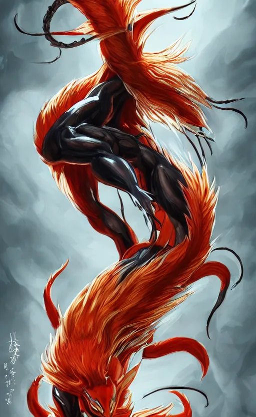 Image similar to venom as the nine tailed fox, kurama, dynamic lighting, photorealistic dark fantasy concept art, trending on art station, stunning visuals, creative, cinematic, ultra detailed