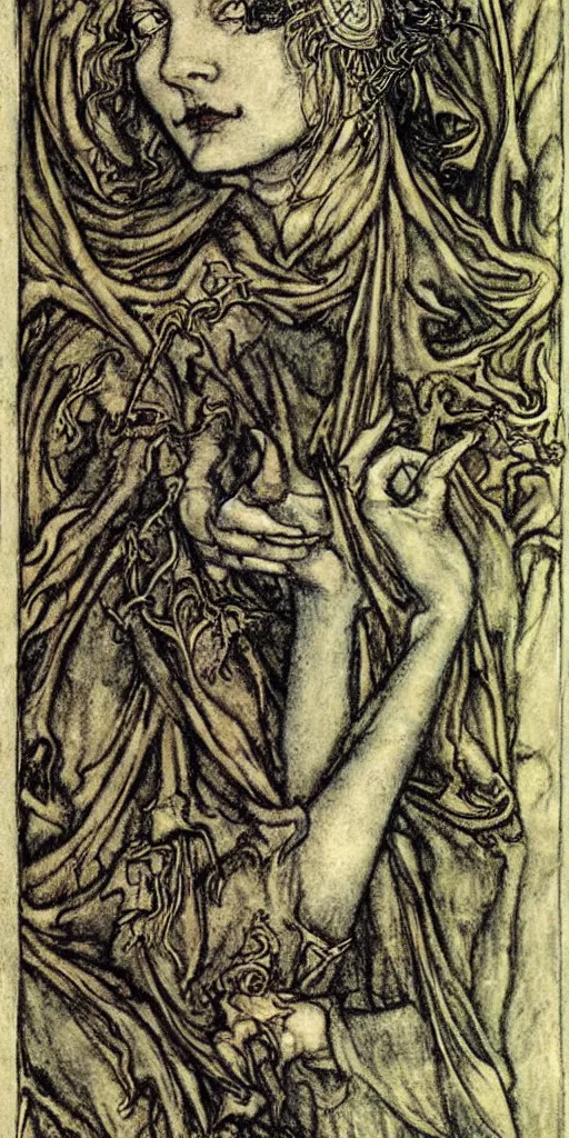 Image similar to tarot card detailed painting, illustration, tarot card framing with roman numbers, in style of Arthur Rackham